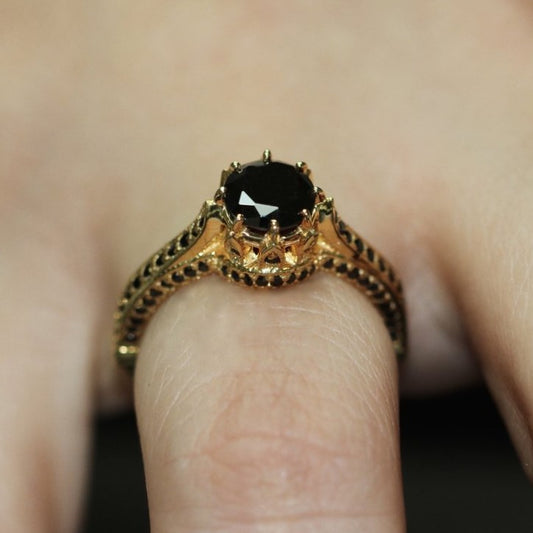 Real Black Diamond Ring 14K Black Gold Engagement Ring - Blackdiamond