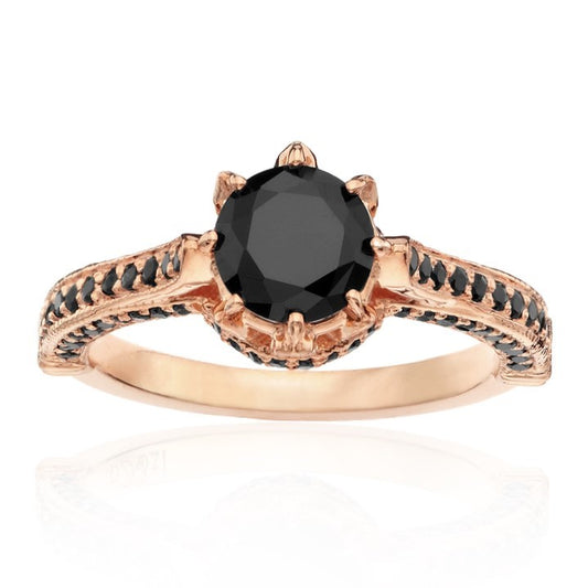 Real Black Diamond Ring 14K Rose Gold Hidden Halo Pave Engagement Ring - Blackdiamond