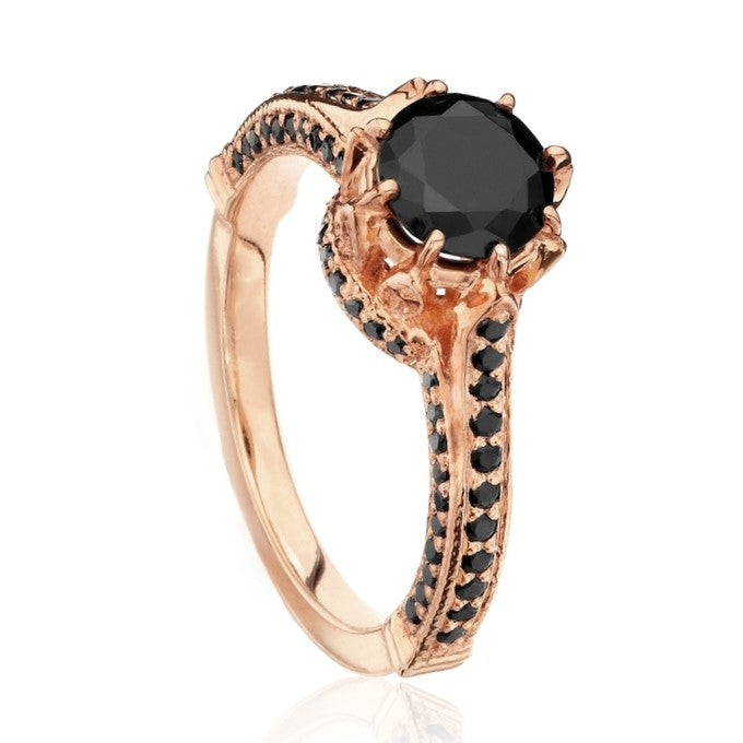 Real Black Diamond Ring 14K Rose Gold Hidden Halo Pave Engagement Ring - Blackdiamond