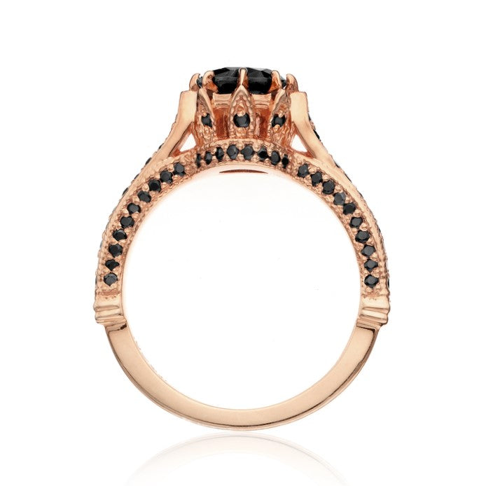 Real Black Diamond Ring 14K Rose Gold Hidden Halo Pave Engagement Ring - Blackdiamond