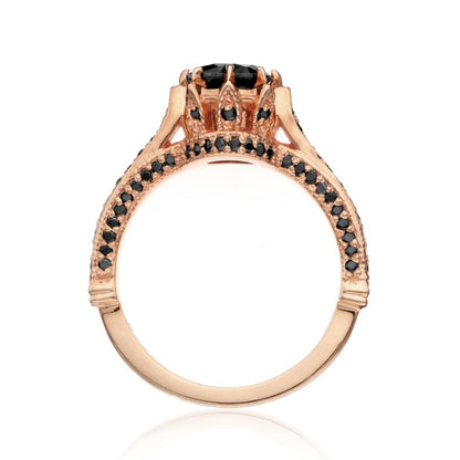 Real Black Diamond Ring 14K Rose Gold Hidden Halo Pave Engagement Ring - Blackdiamond