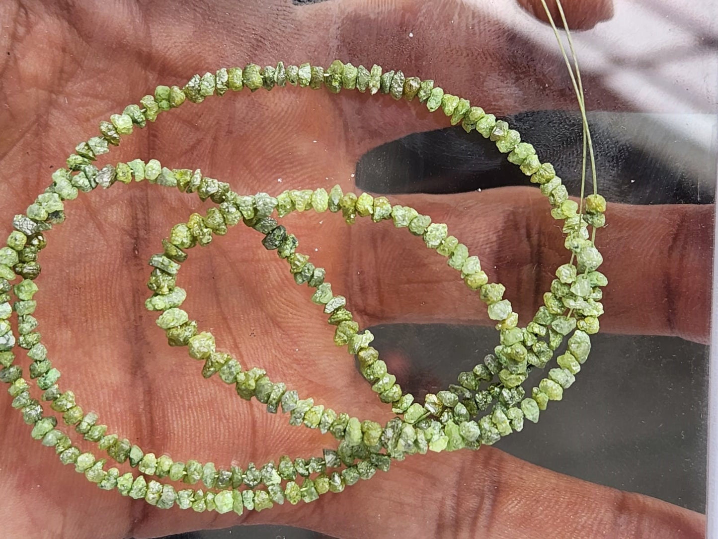 15.08 Carat Rough Green Diamond Beads 16" Strand Necklace Wt 925 Silver Clasp