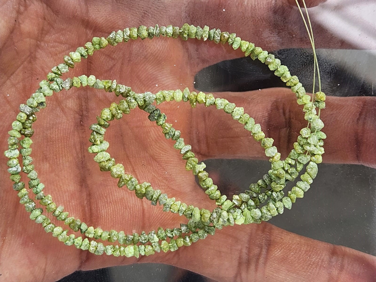 15.08 Carat Rough Green Diamond Beads 16" Strand Necklace Wt 925 Silver Clasp