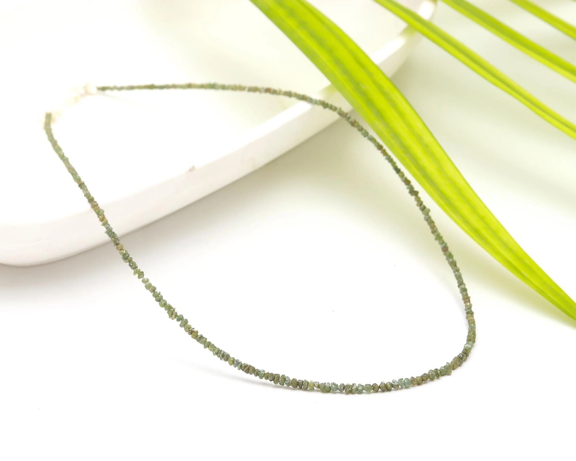 16 inch Raw Green Diamond Beads Nugget Necklace 925 Sterling Silver