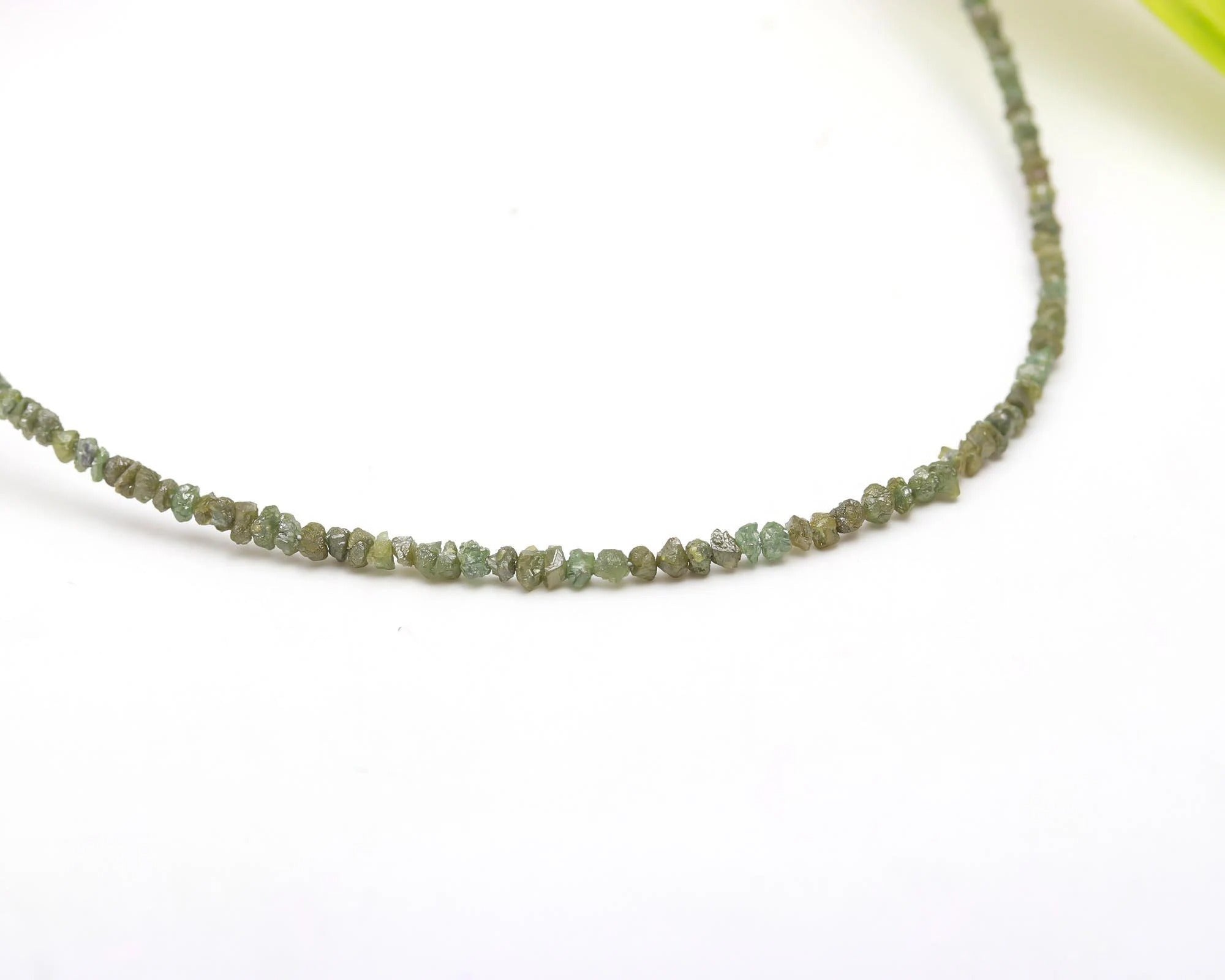 16 inch Raw Green Diamond Beads Nugget Necklace 925 Sterling Silver