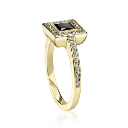 Maya Black and White Diamond Ring 14k Yellow Gold Engagement Pave Band - Blackdiamond