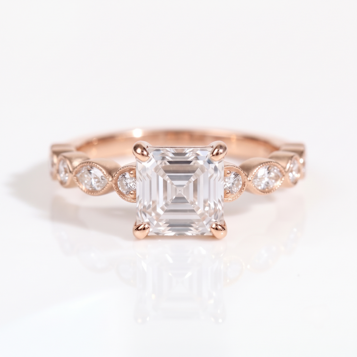 Trine Asscher Unique Diamond Engagement Ring 14K / 18K Solid Gold