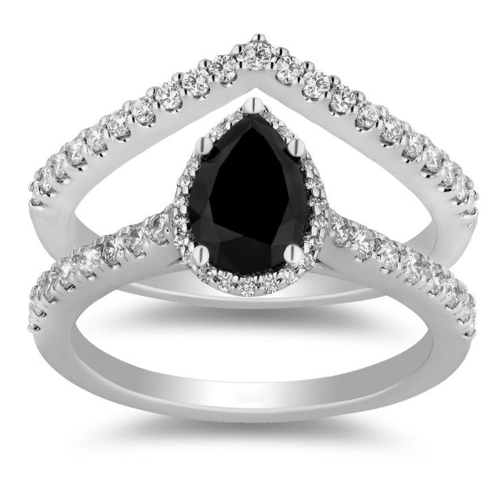 1ct Pear Shape Black and White Diamond Ring Set 14k Gold - Blackdiamond