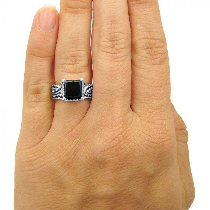 4.30 Carat Black Princess Cut Diamond Engagement Ring Bridal Set 14K White Gold 5