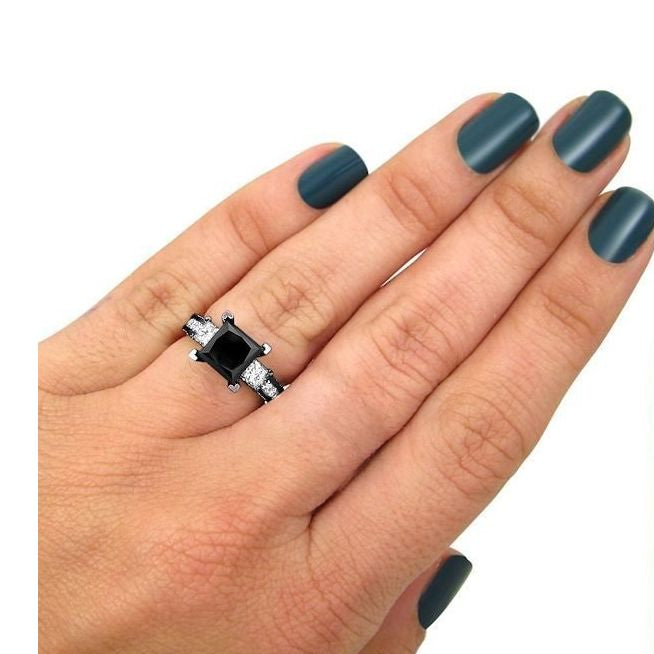 3.56 Carat Black 3 Stone Princess Cut Diamond Engagement Ring 14K Black Gold