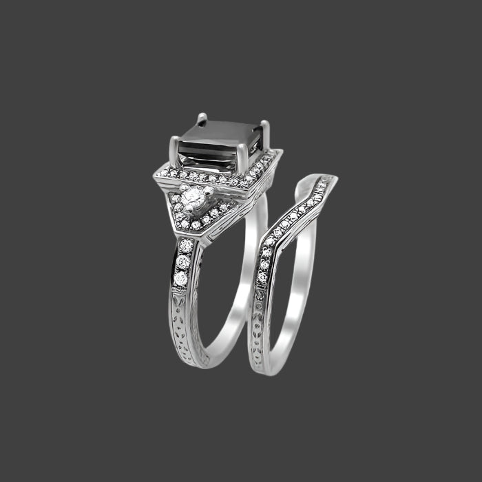 princess cut black diamond halo ring with bridal set 2ct