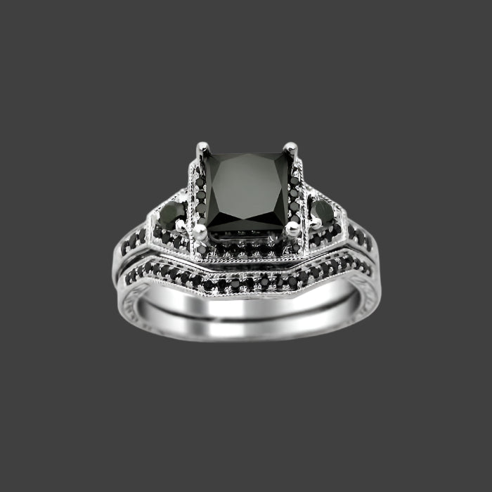 2 Carat Princess Cut Black Diamond Engagement Ring Bridal Set 14K White Gold
