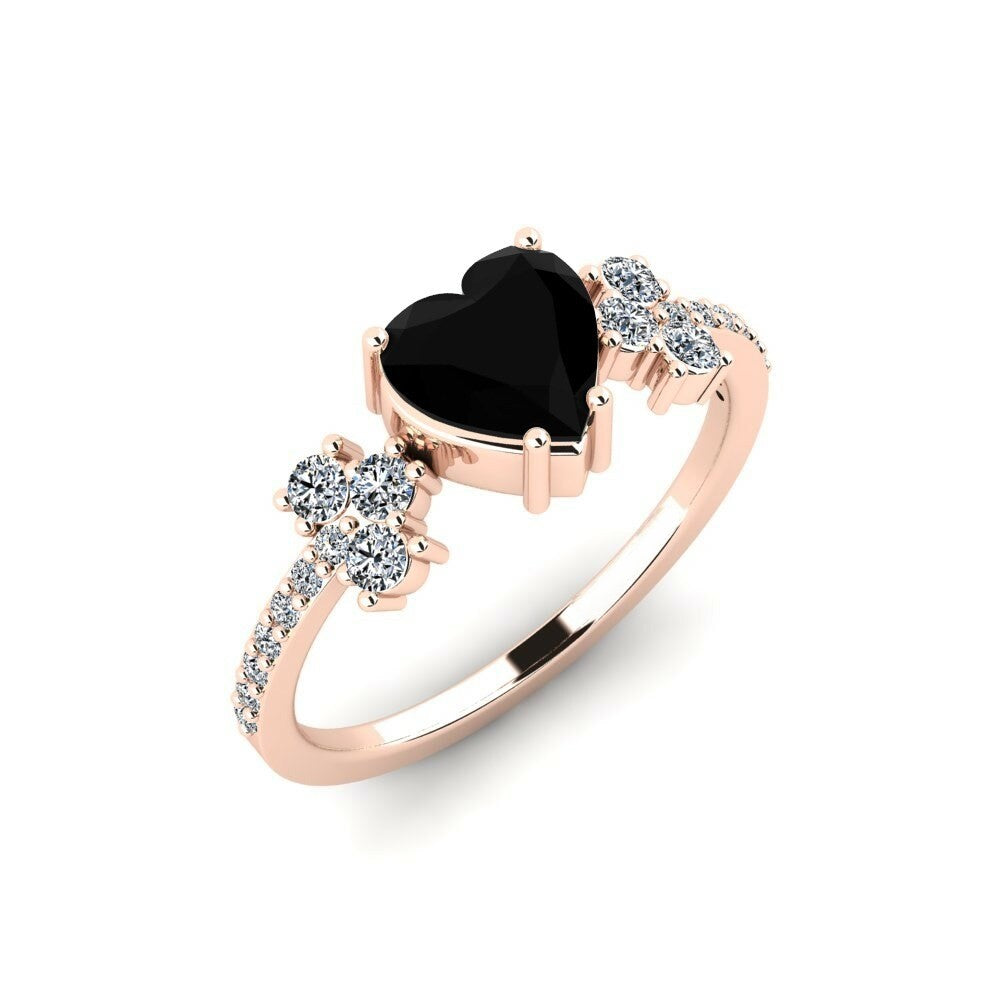 Black Diamond Heart Engagement Ring Ram 14K Rose Gold