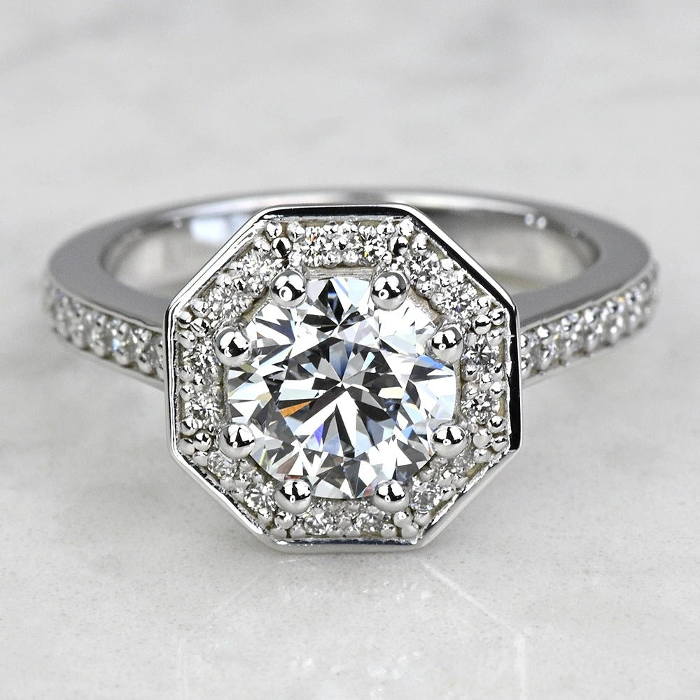 1 Carat Lab Round Diamond Octagon Halo Engagement Ring