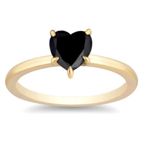 0.50 Carat Black Diamond Solitaire Ring Heart Shape 14K Yellow Gold Engagement Ring