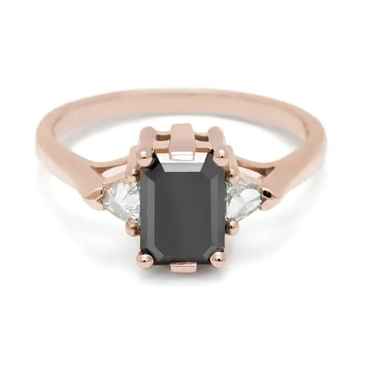 Trillion Three Stone Emerald Black Diamond Ring 14K Rose Gold