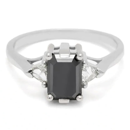 Trillion Three Stone Emerald Black Diamond Ring 14K Rose Gold - Blackdiamond