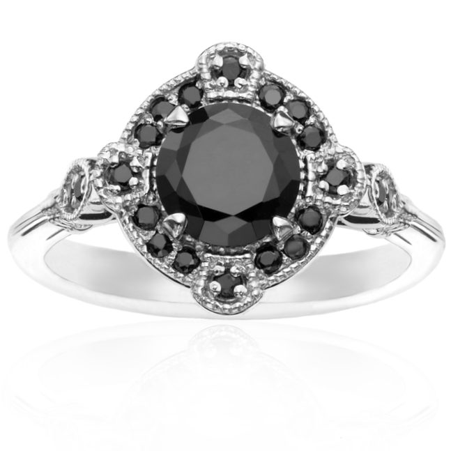 Vintage Halo Black Diamond Ring 14k White Gold - Blackdiamond
