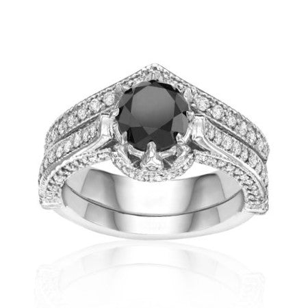 Real White and Black Diamond Ring 14K Rose Gold Engagement Ring Set